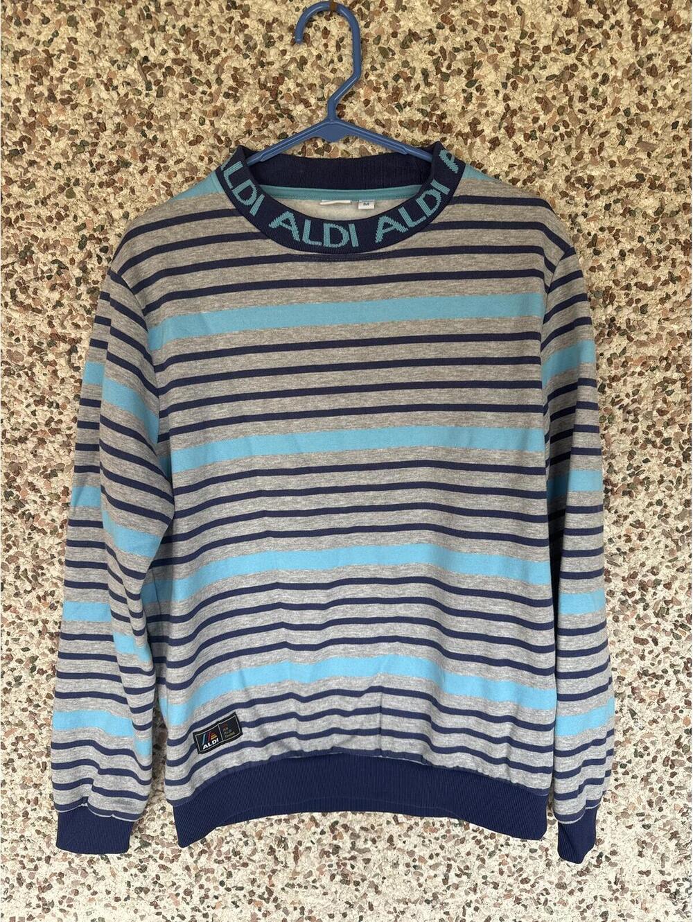 ALDI Gear Striped Crewneck Sweatshirt Size M Logo Collar Blue Gray Novelty